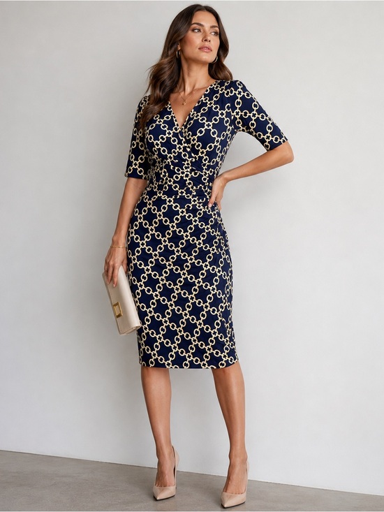 Lauren Ralph Lauren Dresses & Skirts - Lauren Ralph Lauren Wrap Dress Navy Blue Gold Chains 10 Classic Preppy Stretch
